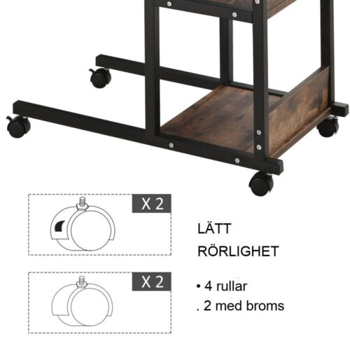 Höjdjusterbart sidobord med hjul, svart metall och 2 hyllplan 80x40cm