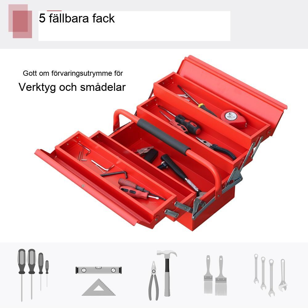 Fällbar verktygslåda i stål med 5 fack – Röd – 45×22,5×34,5 cm