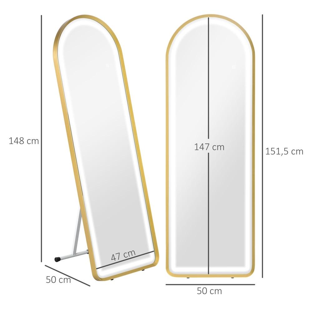 Dimbar LED Hellängd Ståspegel, Touch Control, Guld 47x146cm