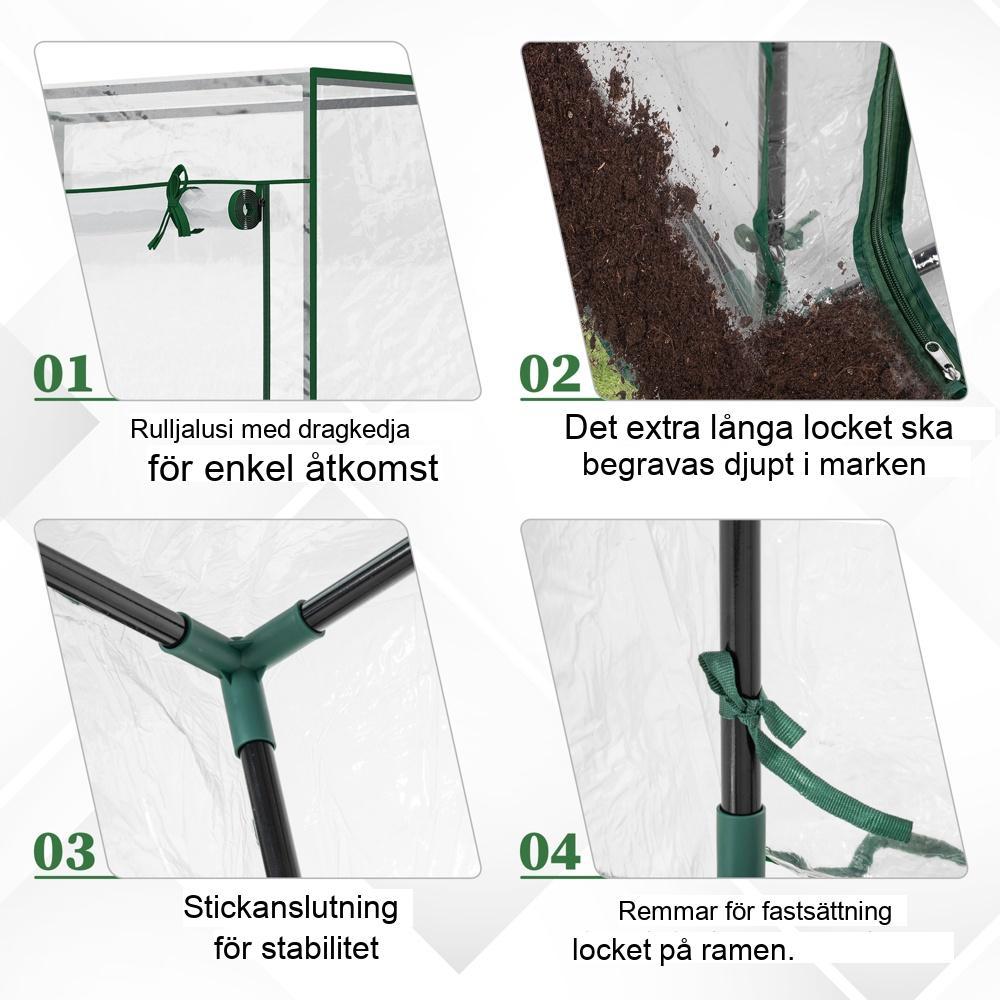 Utrymmesbesparande högt växthus för växtodling, stål och plast