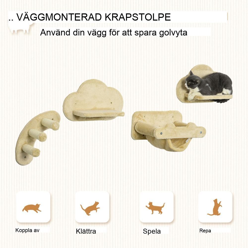 Beige väggmonterad kattklättringsset med hängmatta, stege och plattformar