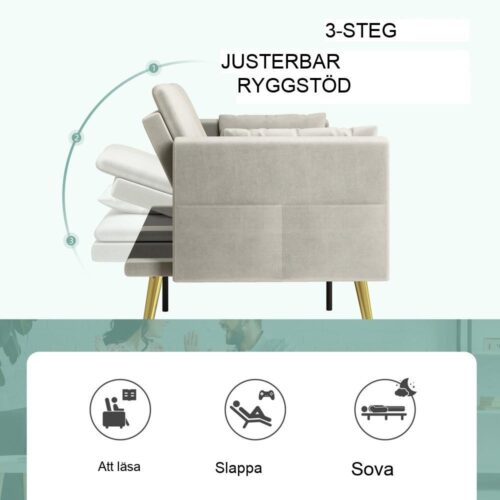 Justerbart ryggstöd Bäddsoffa, Dubbelsäng, Beige Velvet 2-Sits