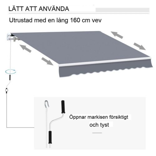 Grå 395x300cm Justerbar väggmonterad aluminiummarkis med vev