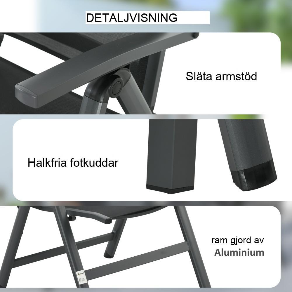 5-delad svart trädgårdsmöbelset – justerbara ryggstöd, fällbara stolar och glasbord