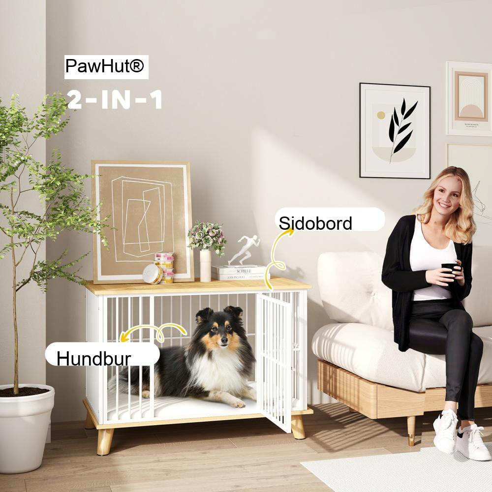 Låsbar hundbur med kudde, ekfinish, medelstor