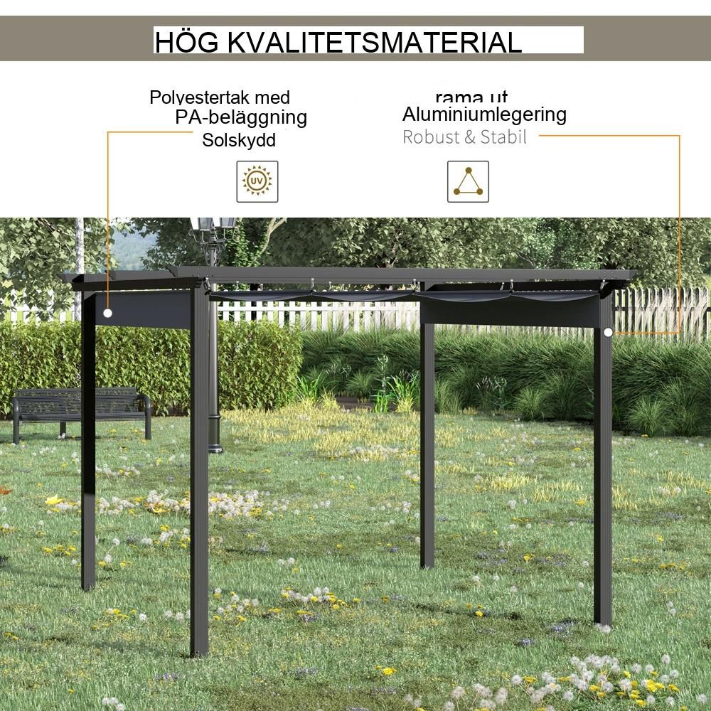 Grå aluminiumpergola med infällbart tak, 3x3m trädgårdslusthus