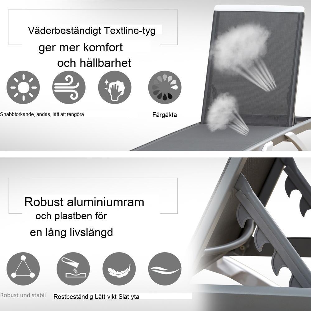 Justerbar solstol i aluminium, ergonomiskt textiltyg, grå+vit 5-vägs ryggstödsstol, avkopplande trädgårdsstol Utemöbler