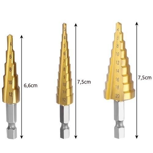 HHS stål Titan konisk borrsats, 3-delad, 4-20 mm borrsats