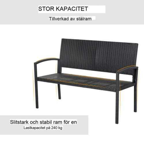 Svart polyrattan 2-sits trädgårdsbänk med stålram för altanterrass