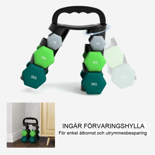 Justerbart hantelset med hopfällbart ställ – 6 hantlar, Kettlebell-alternativ