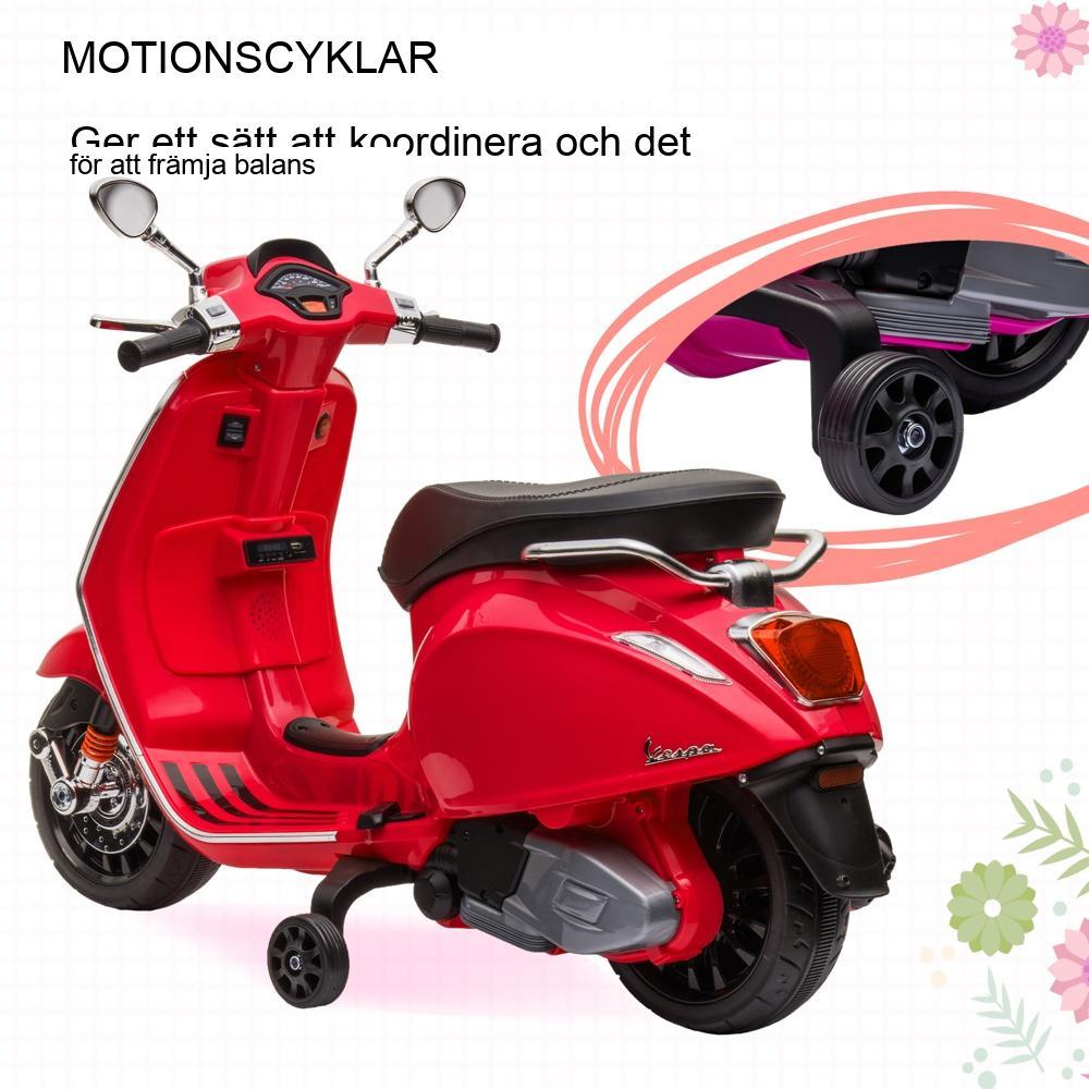 Licensierad Vespa elmotorcykel för barn, röd, med radio och strålkastare