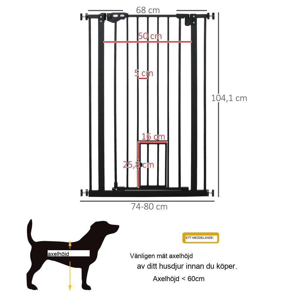 Svart hundport med dubbel låsning, justerbar bredd, automatisk dörrstängning