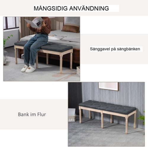 Klädd bänk i vintage fransk stil, mörkgrå, bekväma sittplatser, 120 kg kapacitet