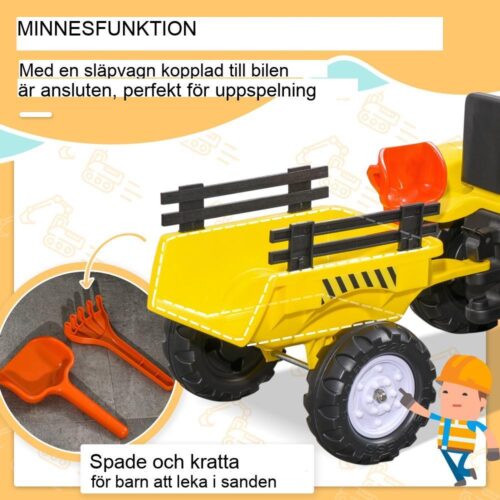 Gul pedaltraktor med släp och verktyg, leksak för barn från 3 år och uppåt