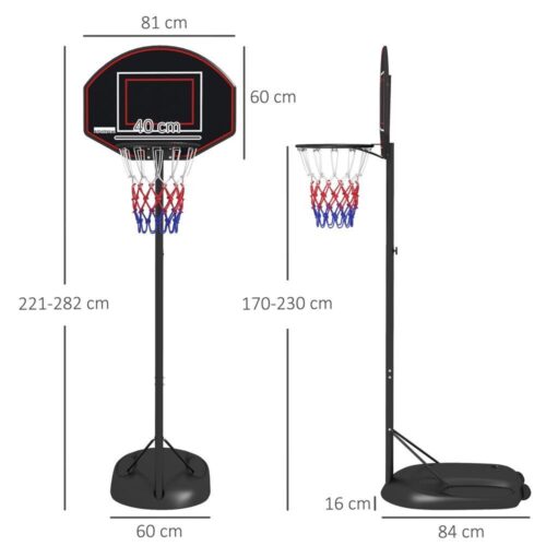 Justerbar höjd Basketbågeställ med hjul, 221-282cm Svart