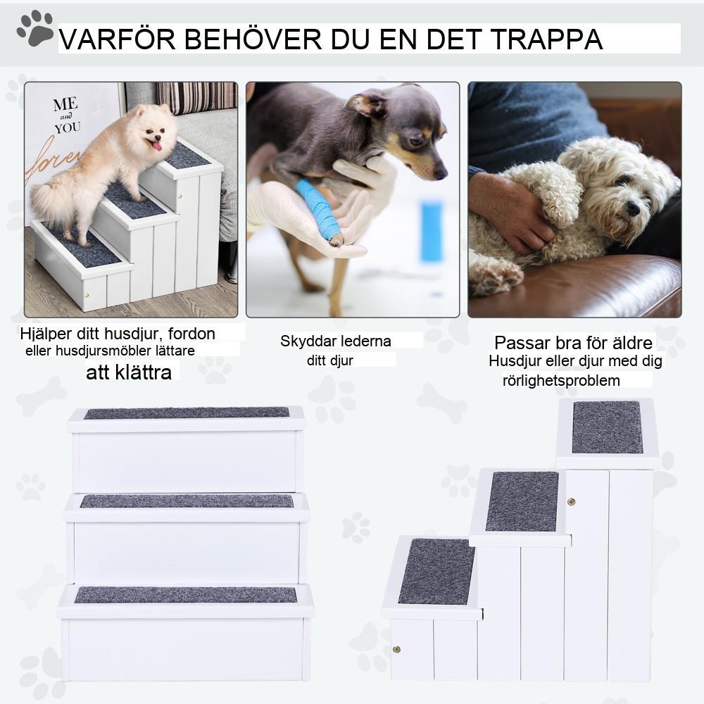 Vit hundtrappa med förvaring, halkskyddad mattöverdrag och robust furukonstruktion