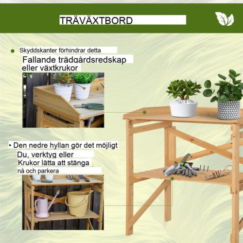 Rustikt växtbord i trä med förvaring, trädgårdsarbetsbänk för plantering och redskap