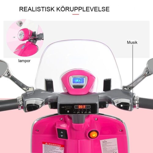 Licensierad Vespa Kids elektrisk motorcykel med strålkastare och musik