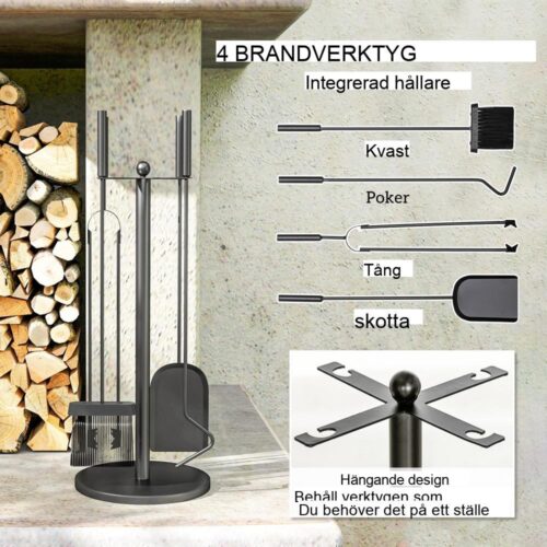 Svart metall 5-delad eldstad verktygssats med stativ – spade, kvast, tång och poker