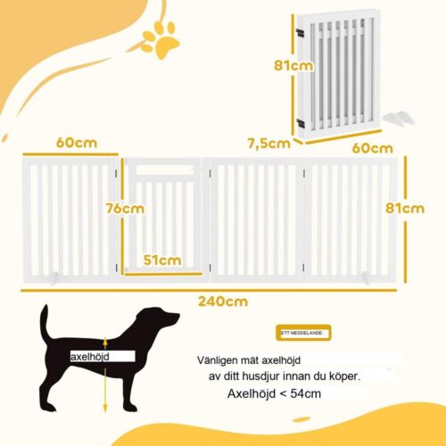 Vikbar husdjursbarriärport, vit 81 cm – Fristående skyddsgrind med dörr och stödfötter för inomhusbruk