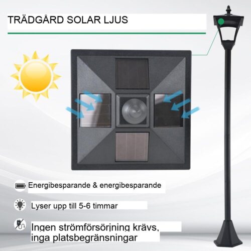 Solar Garden Lantern, LED Path Light, Svart, IP44 Vattentät, 30 Lumen