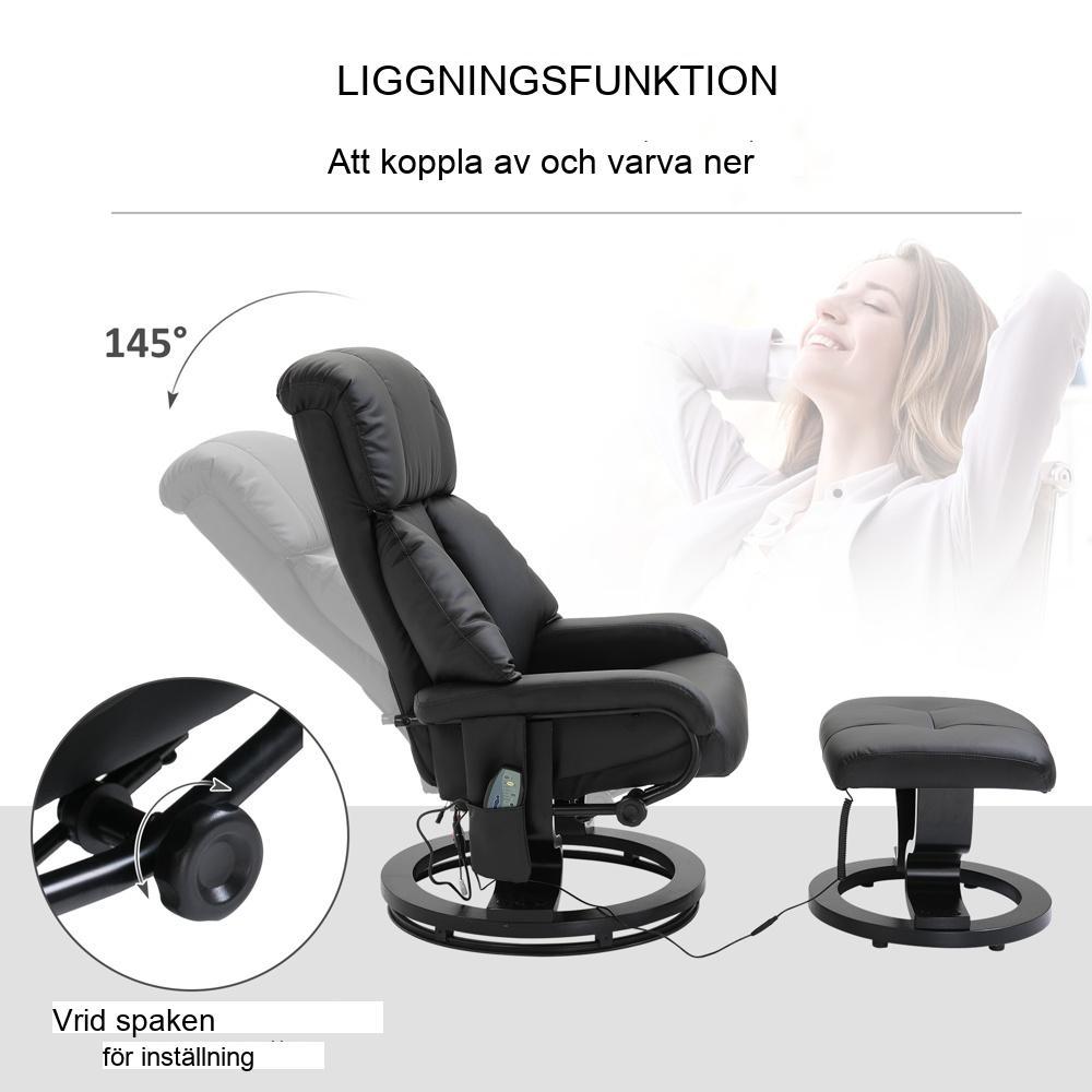 Svart liggande massagestol och pallset med vibrationer, svart konstläder