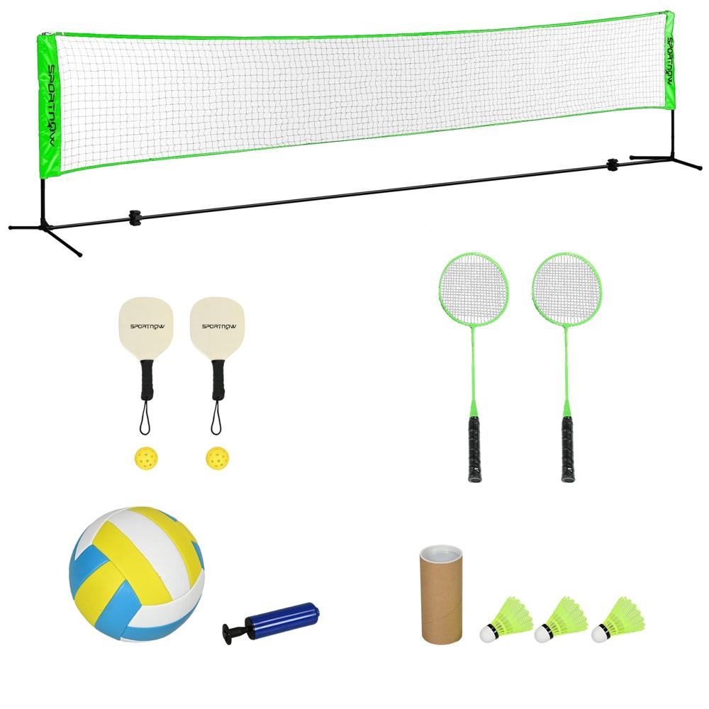 Justerbart badmintonnätset med racketar, fjäderbollar och volleyboll