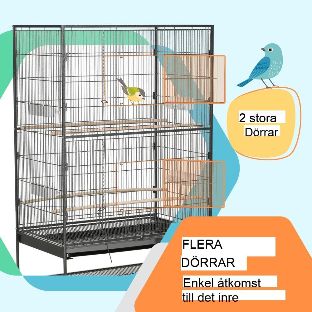Rymlig grå fågelbur med sittpinnar, dörrar och hjul