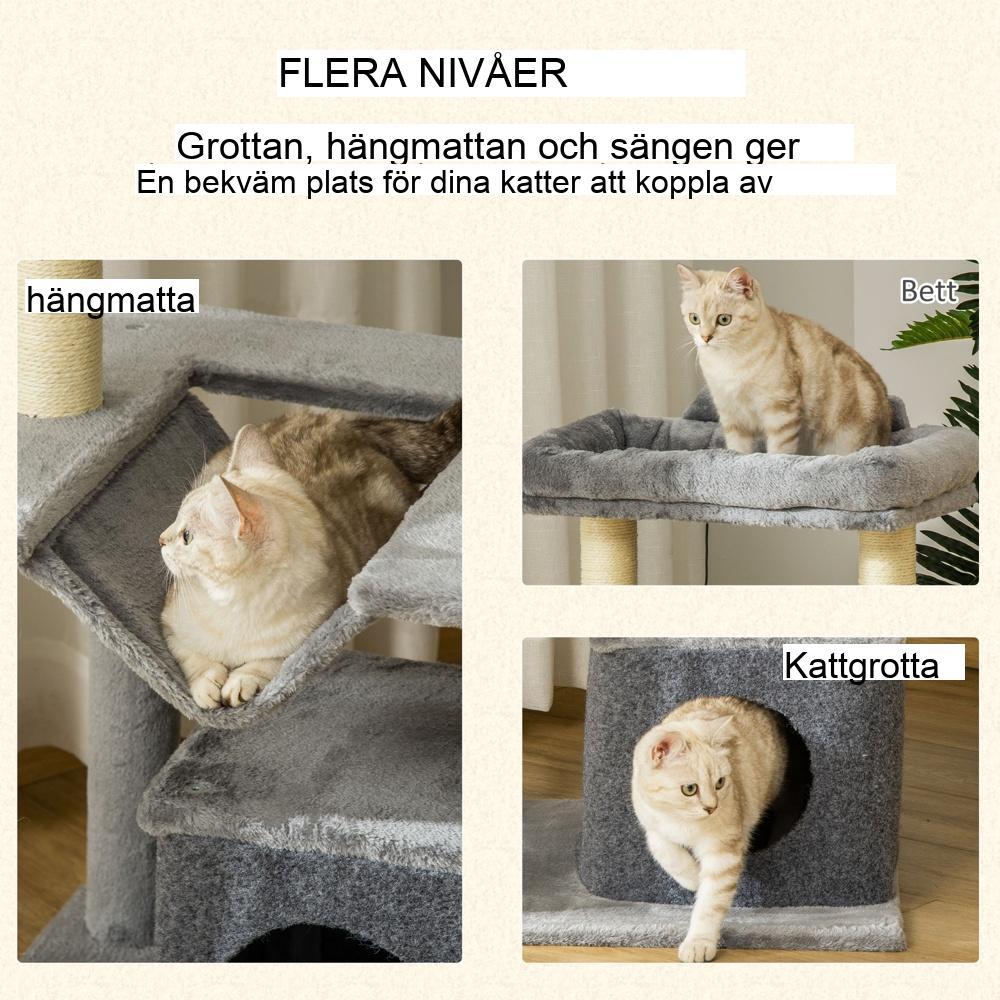 Grå plysch och sisal kattträd med hängmatta, lekträd och grotta