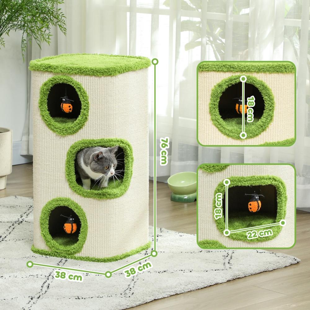 Green+Cream Cat Scratching Barrel Tower med 3 grottor och leksaker