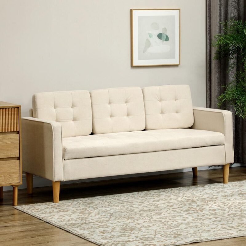 Cream White Velvet Look 3-sits soffa med förvaring