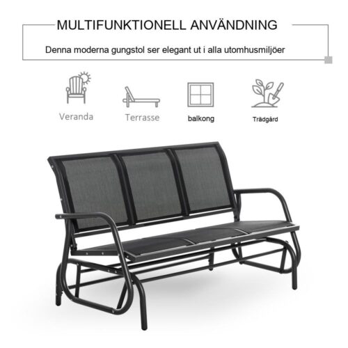 Svart metall 3-sits trädgård gungbänk, gunga med slitstarkt meshtyg