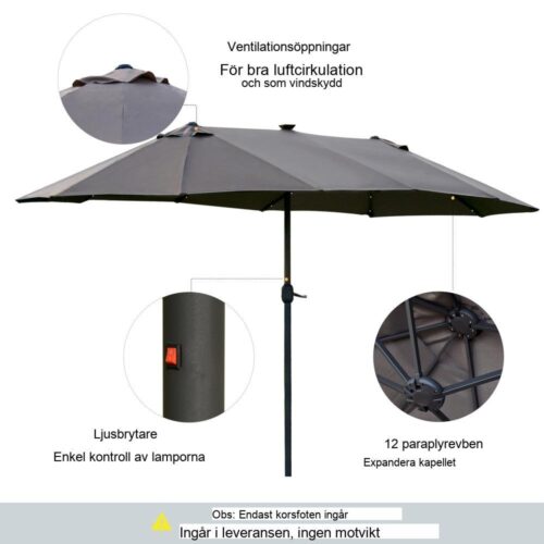 Mörkgrå dubbel uteplatsparaply med LED-belysning, handvev