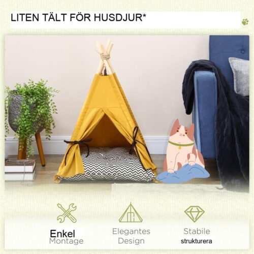 Mysig tipi-katt och liten hundsäng med kudde, lekboll, furu, gul