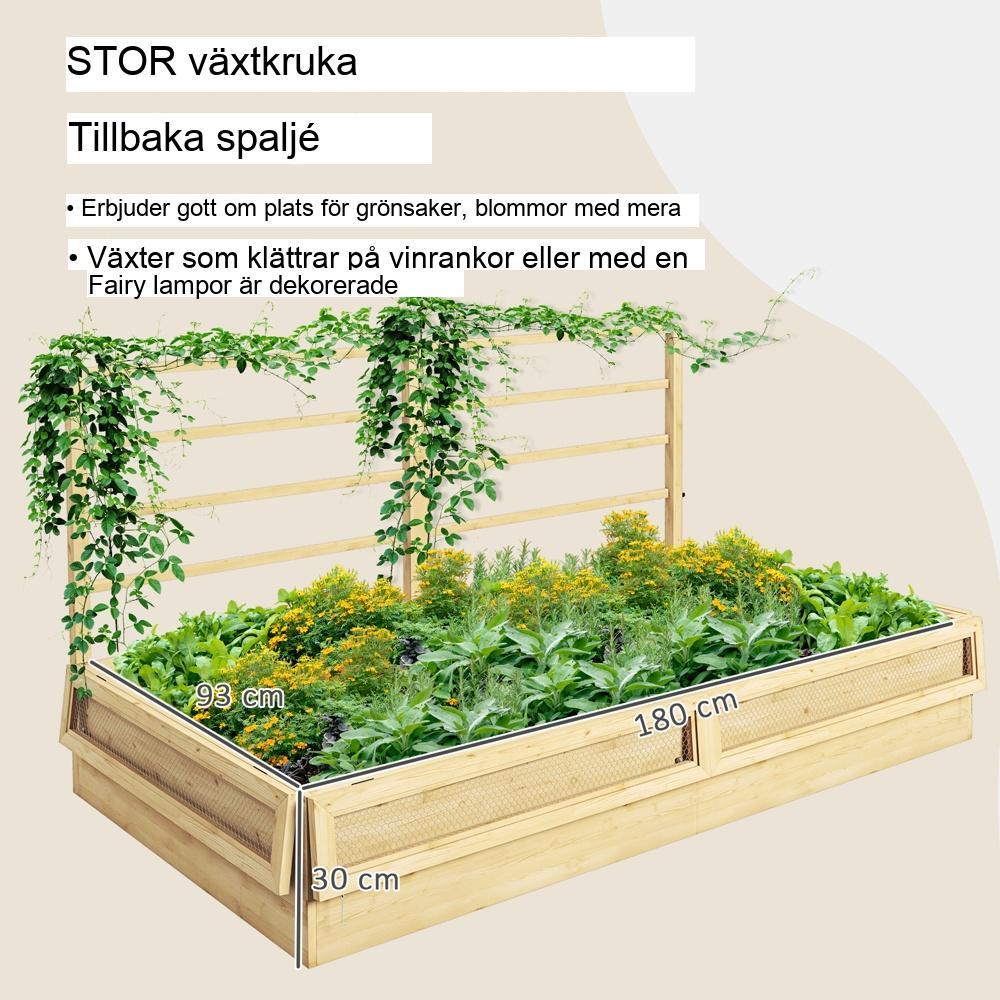 Upphöjd trädgårdssäng med spaljé, plantering i naturlig granträ för klätterväxter och örter