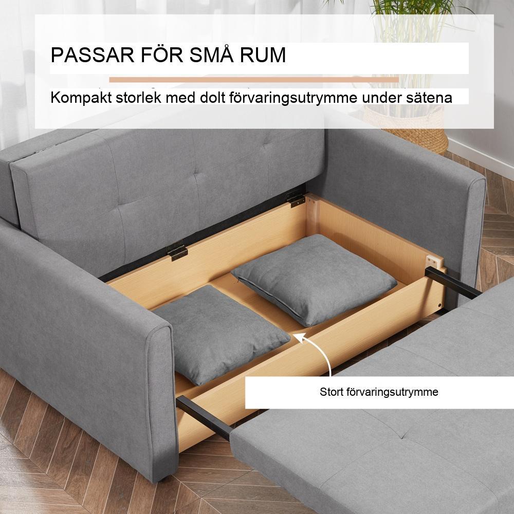 Grå 2-sits bäddsoffa med förvaring, sängfunktion och ryggkuddar