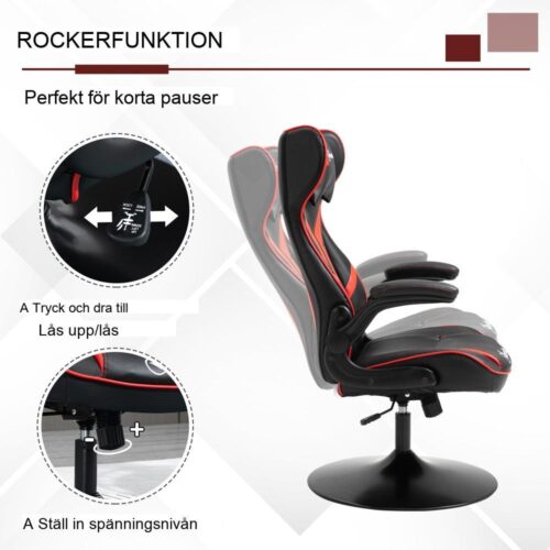 Ergonomisk spelstol med gungfunktion, svart och röd, justerbar