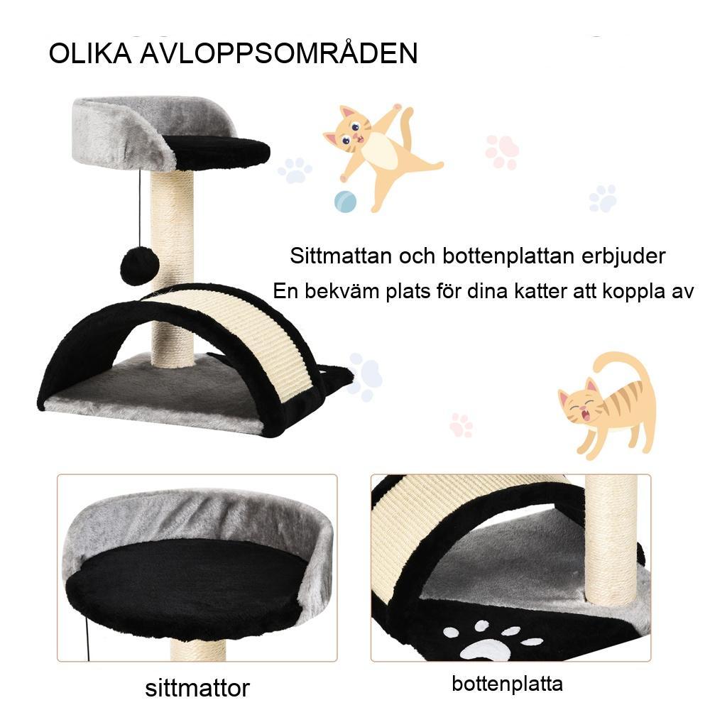 Svart plysch kattskrapstolpe med bollar och grotta – liten katt