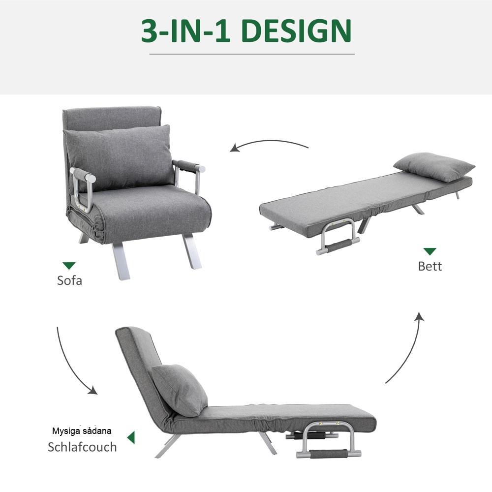 Grå 3-i-1 bäddsoffa med armstöd, justerbart ryggstöd, gästsäng, schäslong