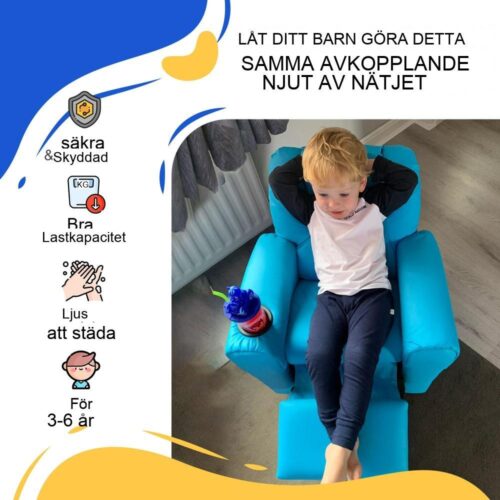 Blå liggfåtölj för barn med mugghållare för lekrum 3-6 år