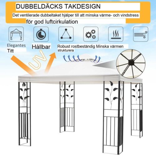 Elegant Leaf Design Steel Garden Gazebo, vattentätt uteplats partytält, 2,95×2,95m