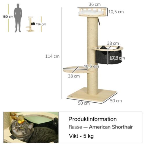 Naturligt kattträd med hängmatta, skrapstolpar och plyschsäng (upp till 5 kg)