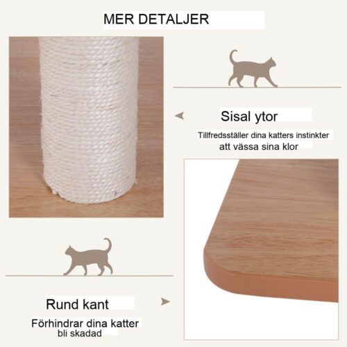 Kattträd i naturligt trä med sisal-krapstolpar och mysig plyschgrotta