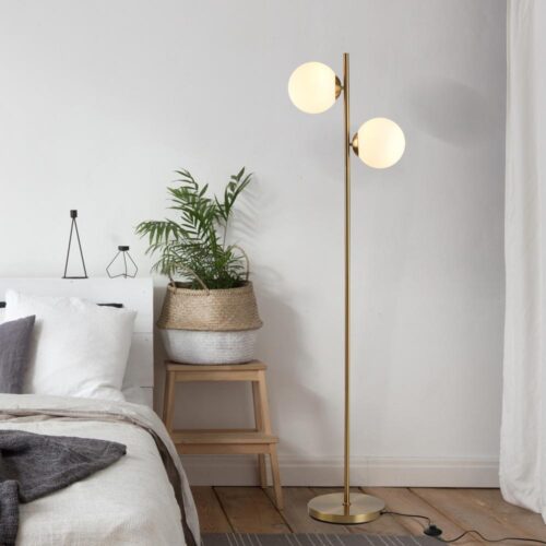 Modern tvådelad golvlampa i glas, guld och vit, 165 cm hög för vardagsrum