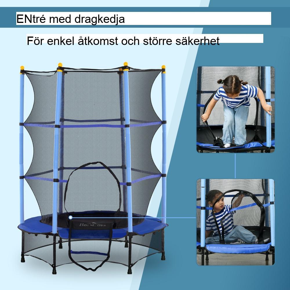 Blå studsmatta för barn, Ø140 cm, skyddsnät och vadderat kantskydd, inomhus/utomhusbruk, 3-10 år