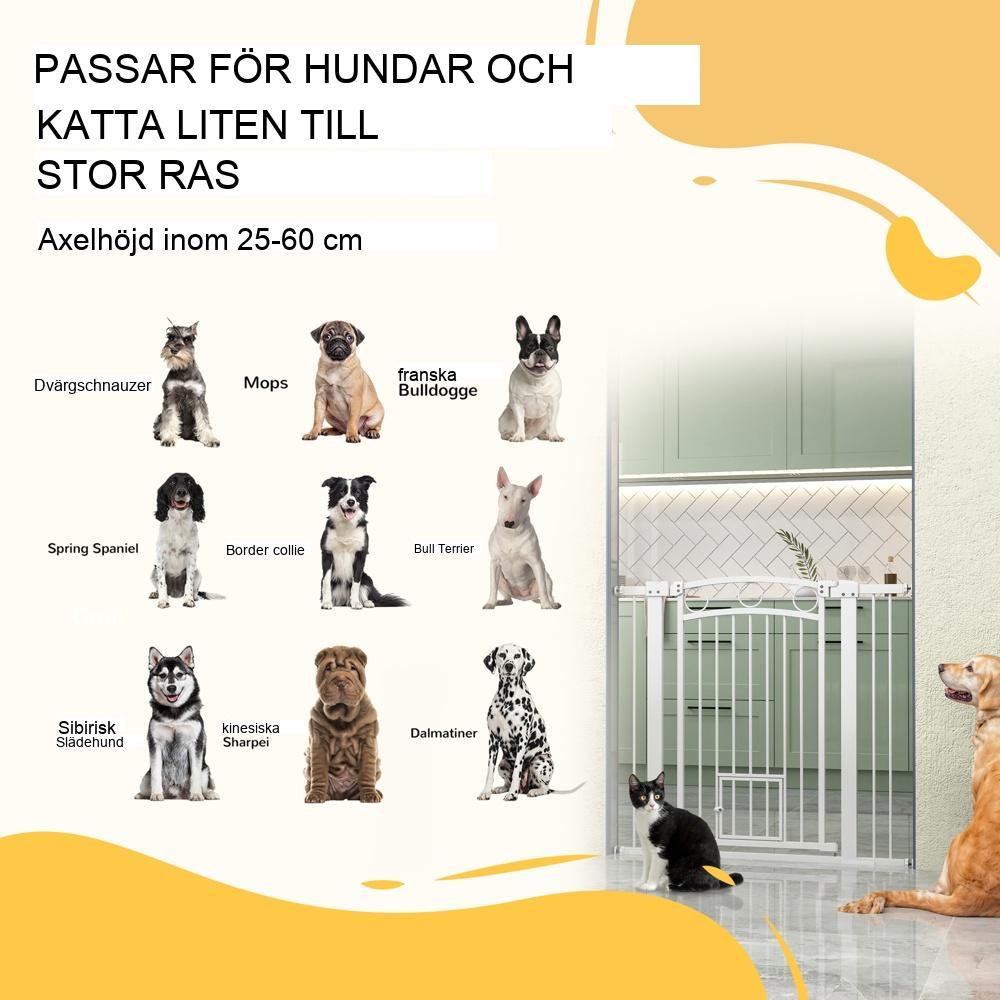 Vit stålskyddsgrind för hund och katt, justerbar 76-104cm, ingen borrning