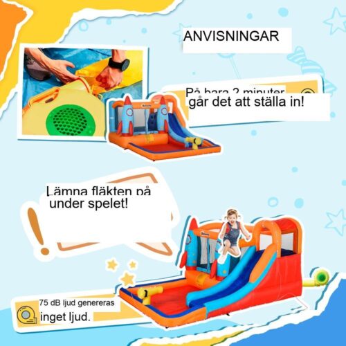 Uppblåsbart hoppborg för barn med rutschkana, raketdesign, 3-8 år