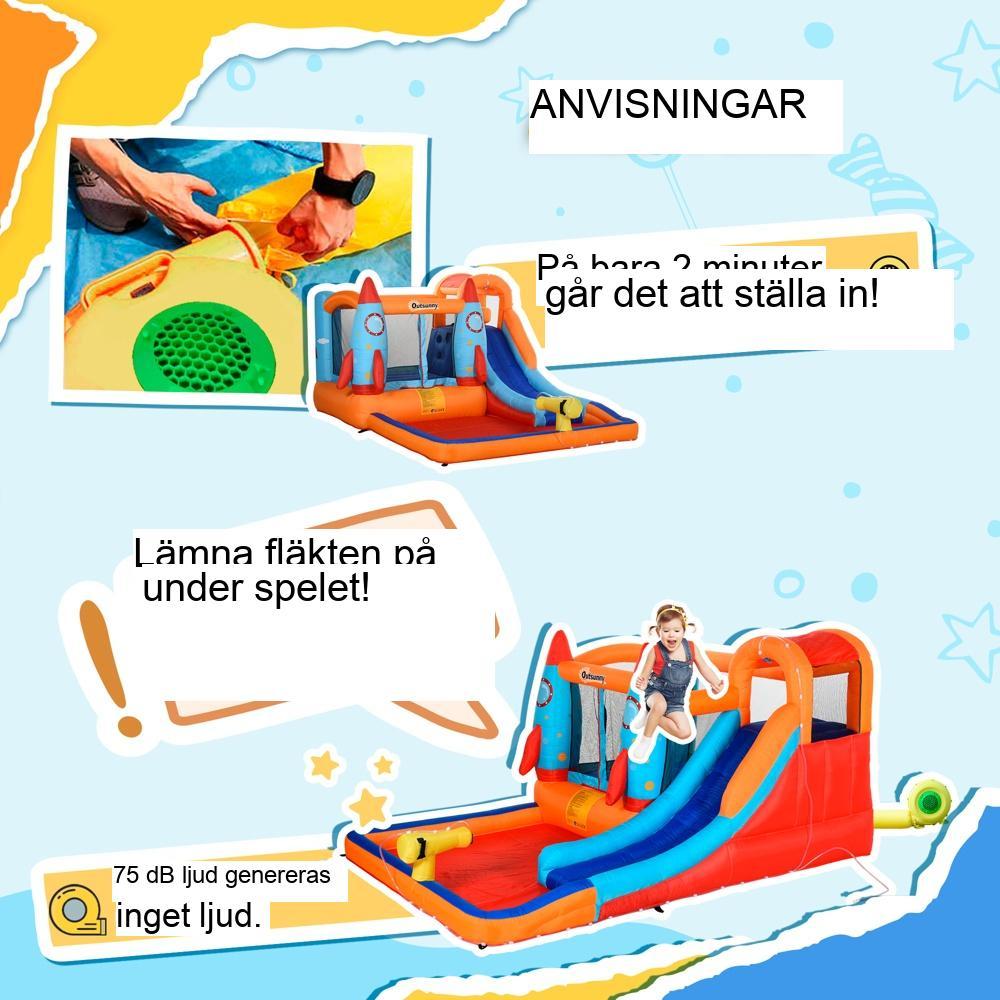 Uppblåsbart hoppborg för barn med rutschkana, raketdesign, 3-8 år