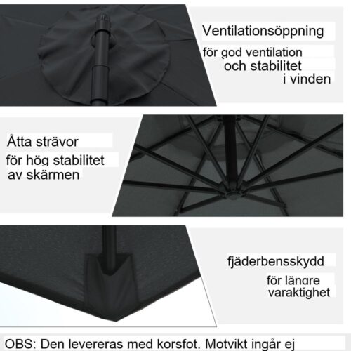 Stort svart fribärande parasoll, stålram, vevdrift, 3m diameter