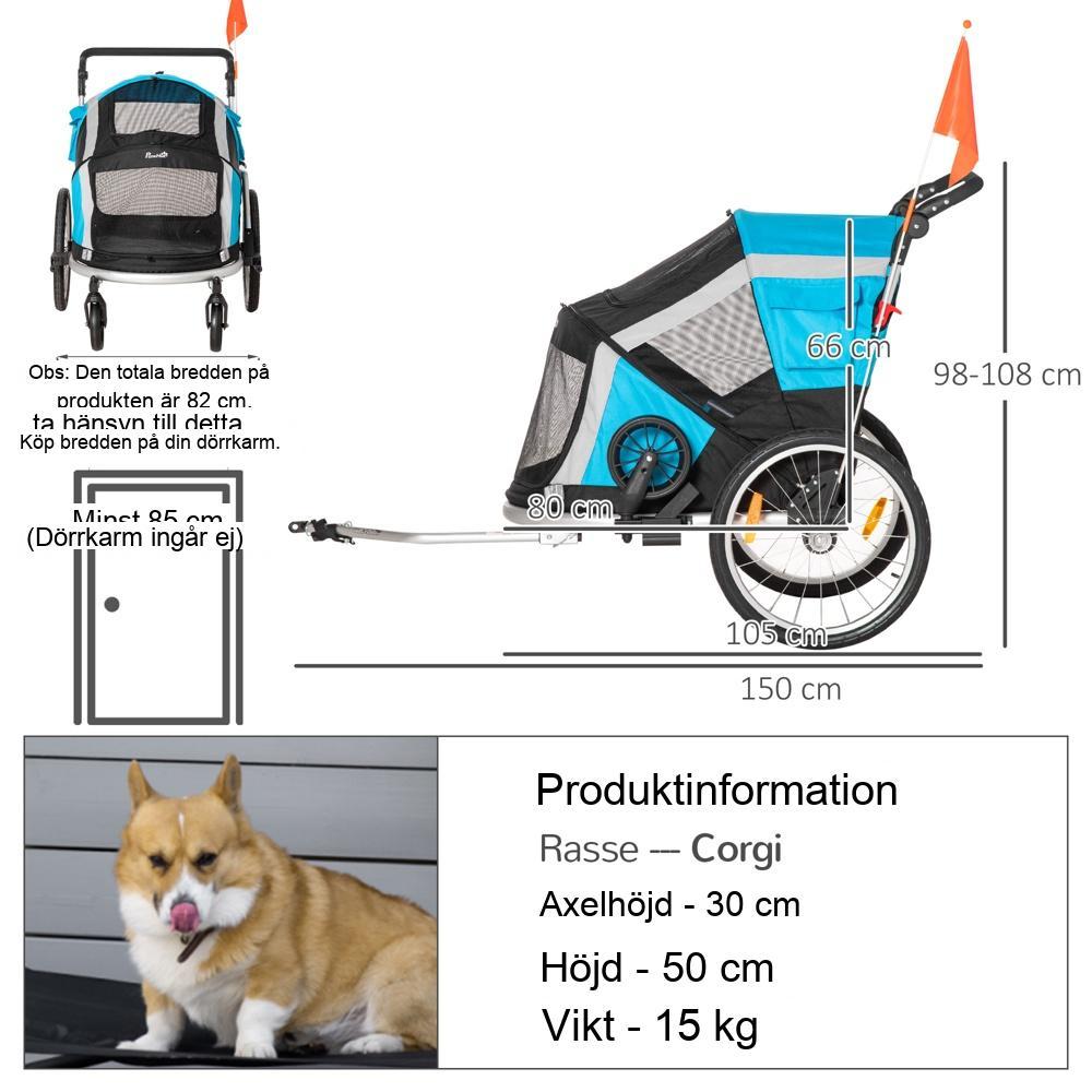 Blå+Silver hopfällbar hundcykelvagn och husdjursvagn, 2-i-1-design </textarea>